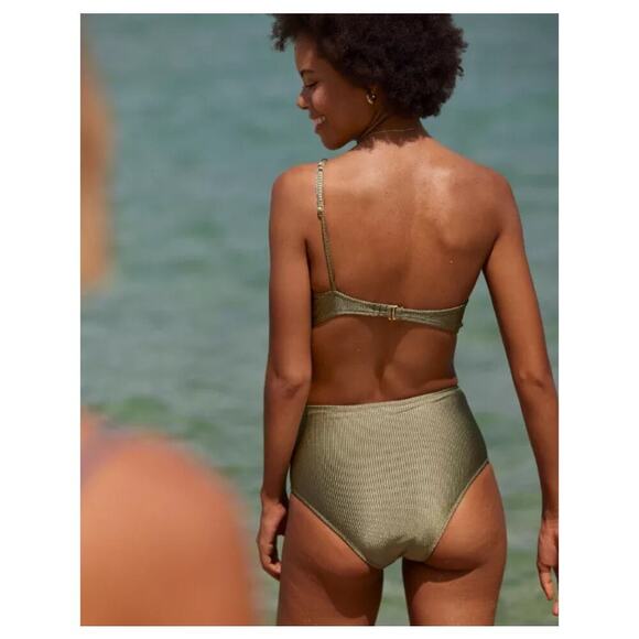 NWT Aerie Shine Rib One Shoulder Bandeau Bikini Top Olive Fun Olive Fun Sz S, L - Picture 2 of 6